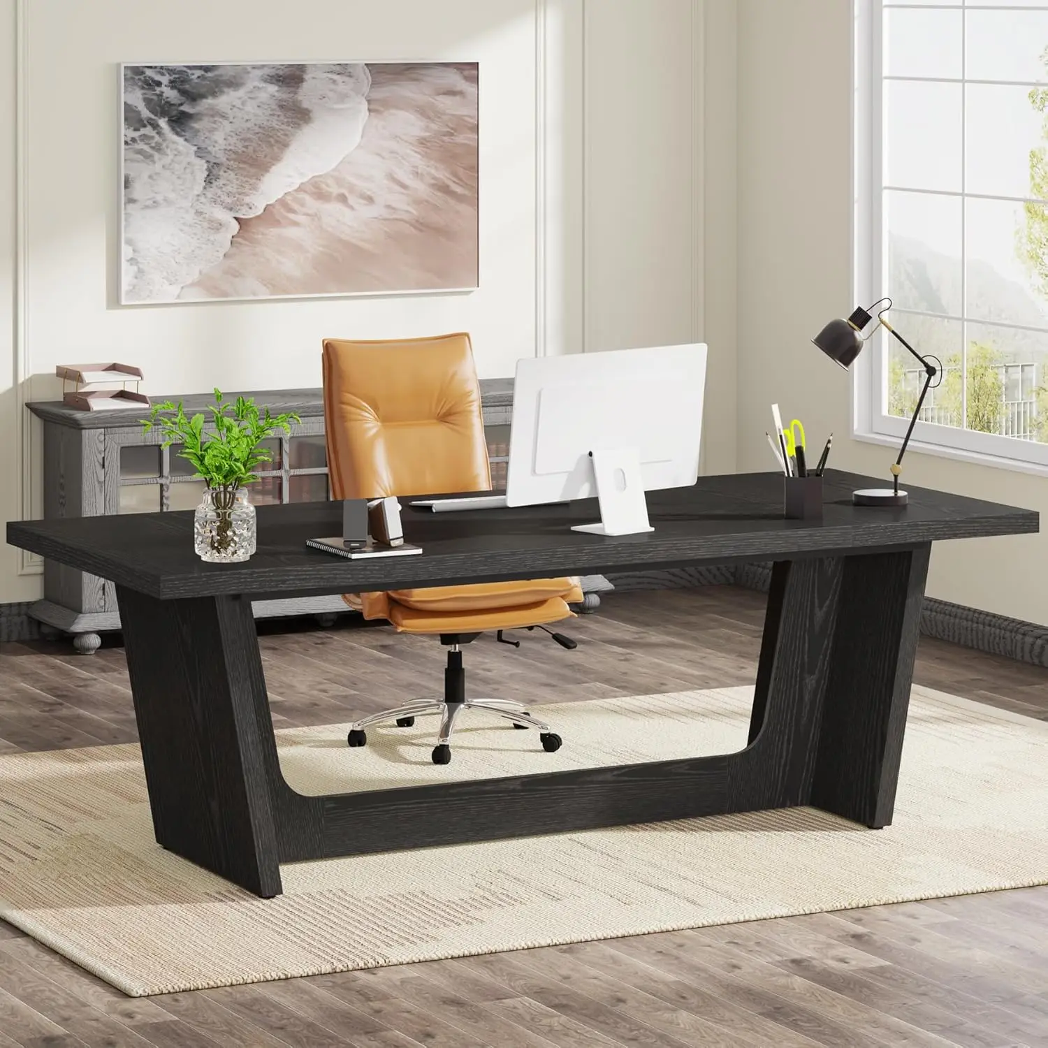 

70.87-Inch Executive Computer Desk: Large Home Office Desk With Solid Wooden Pedestal, Industrial Wood Study Writing Table,