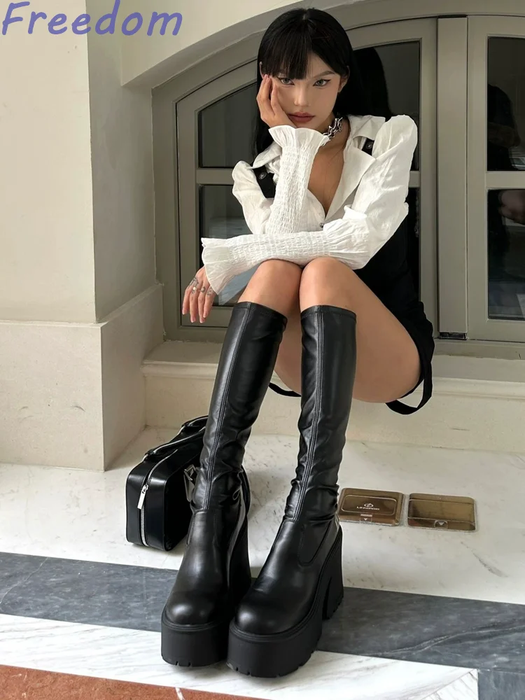 Cowhide version of the black boots female thick bottom high heel boots new tall knight boots elastic skinny boots