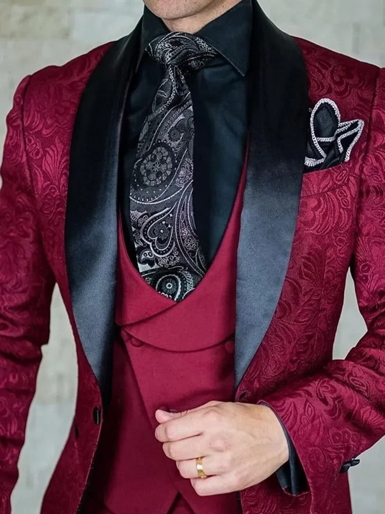 Nuevos trajes de hombre con patrón y esmoquin de novio negro, chal con solapa de satén, padrinos de boda, padrino de boda (chaqueta + pantalones +