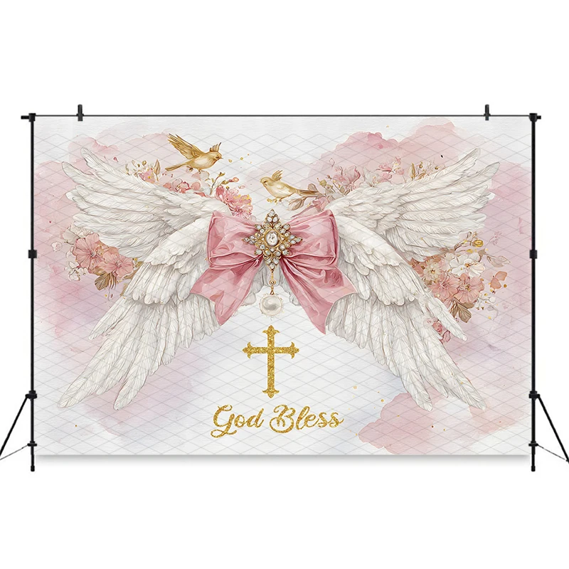 Mocsicka Pink God Bless Angel Wing Photography Backdrop Bow Cross Baptism Baby Shower Christening Party Newborn Photo Background