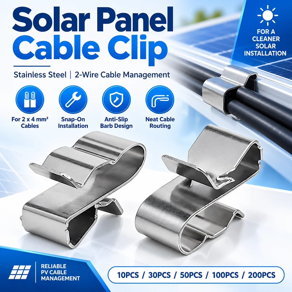 10-200PCS Stainless Steel Solar Panel Cable Clips 2-Wire PV Cable Holder Snap-On Anti-Slip Cable Management