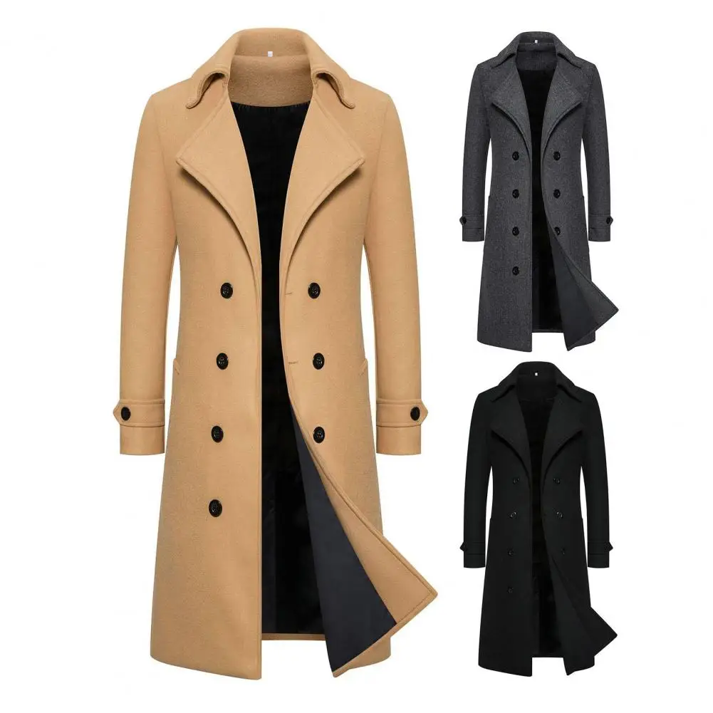 Long Coat Double-breasted Men's Overcoat Slim Fit Mid Length Long Sleeve Thick Windproof Warm Solid Color Cardigan for Fall