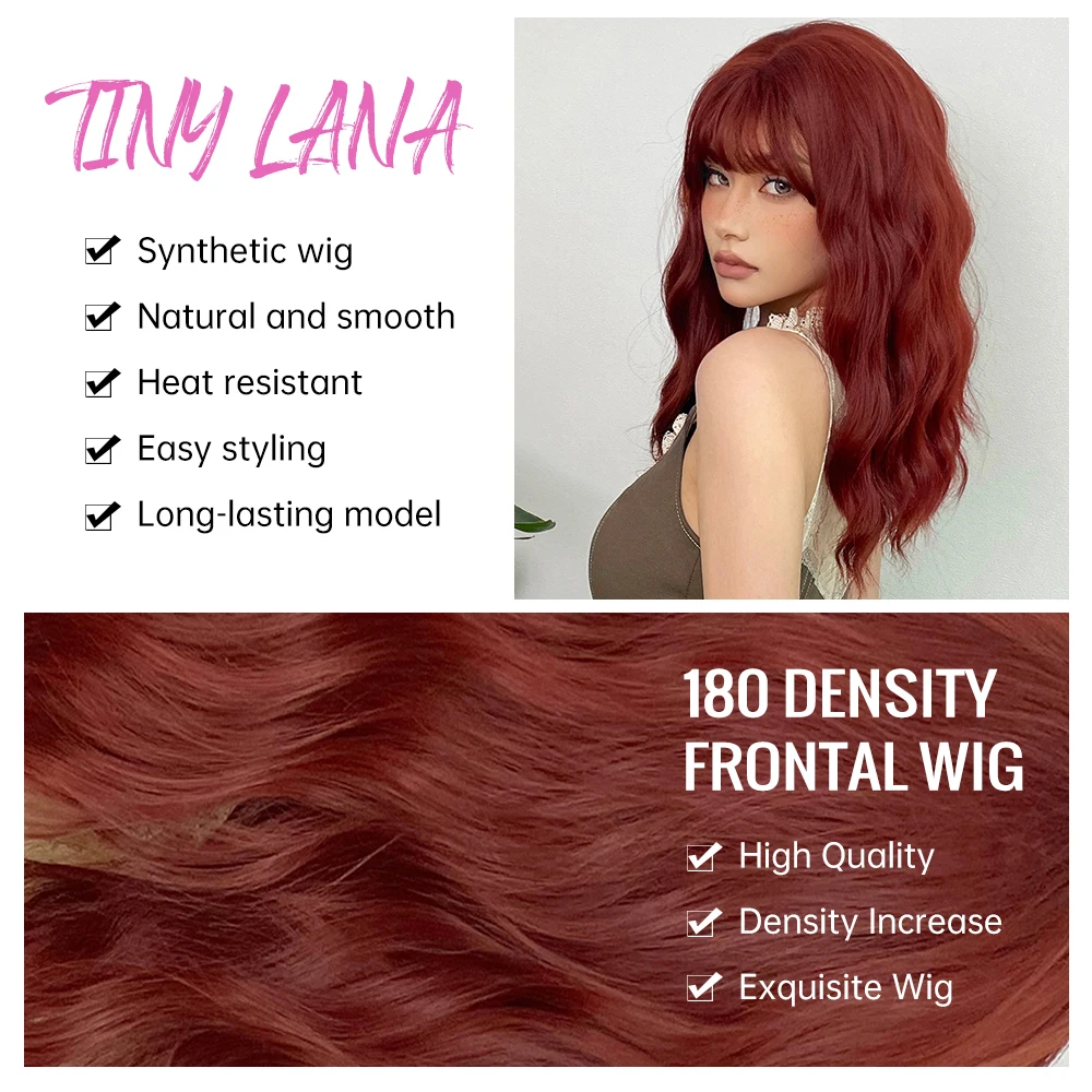 Red Brown Medium Curly Wavy Synthetic Wigs with Bangs Cosplay Natural Short Hair Wig for White Women Afro Party Heat Resistant