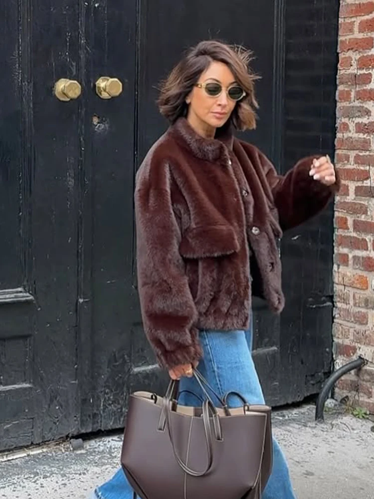 Abrigo de piel con cuello levantado y una hilera de botones para mujer, Chaqueta corta holgada de terciopelo de manga larga con cremallera, tops para mujer