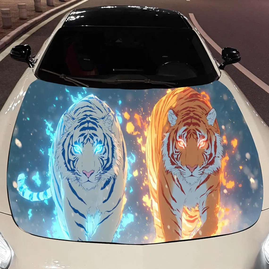 

Ice and Fire Twin Tigers print,car hood stickers,PVC waterproof Self adhesive car hood sticker,car hood decoration protection st
