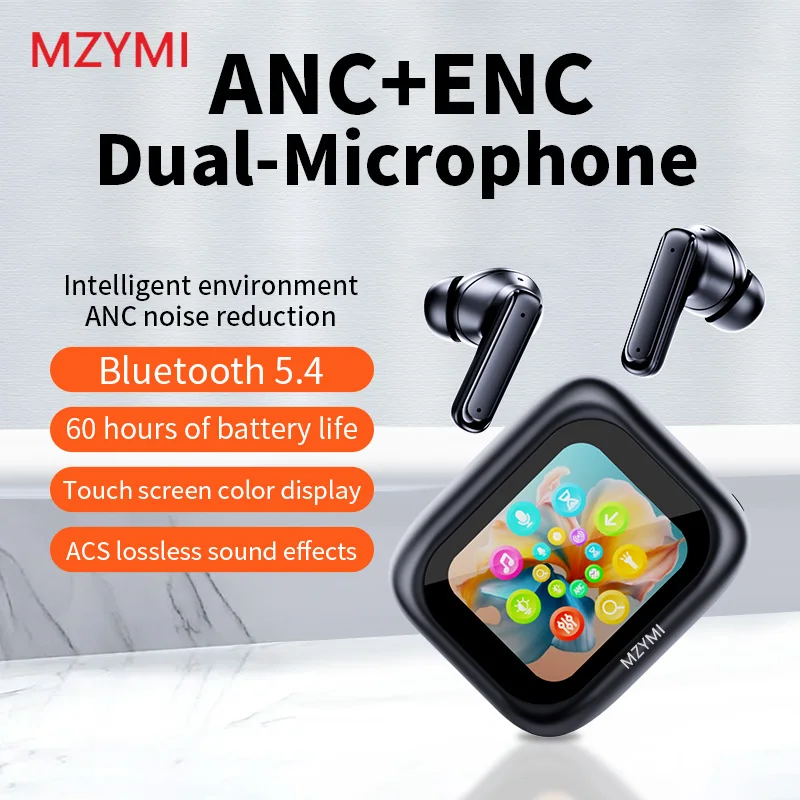 

MZYMI E18 PRO TWS Bluetooth5.4 Wireless Earphone Touch Screen Control ANC+ENC Noise Cancelling Headphone Built-in Mic Earbuds