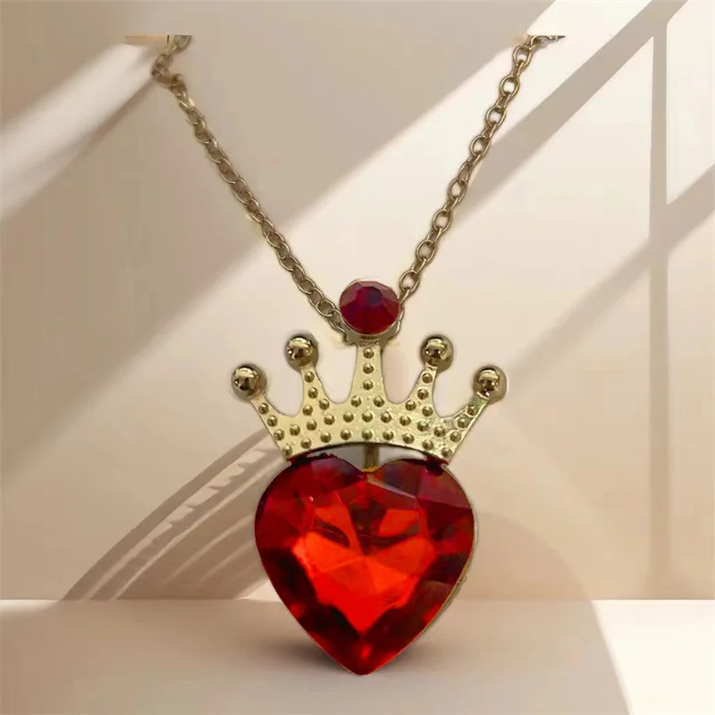 Light Luxury Red Crystal Heart Pendant Necklace for Women Gold Color Crown Zircon Choker Gothic Punk Party Charm Jewelry Gift