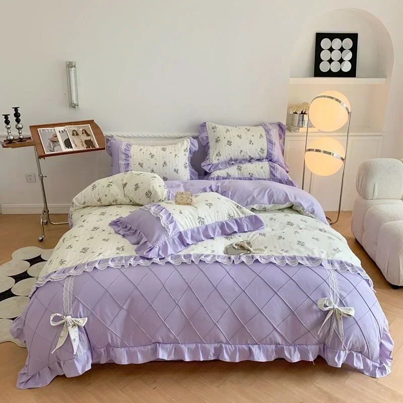 

Ruffle Bedding Set Korean Princess Bow Lace Duvet Cover Vintage Floral Printing Bedspread For Girls Romantic Decor Home