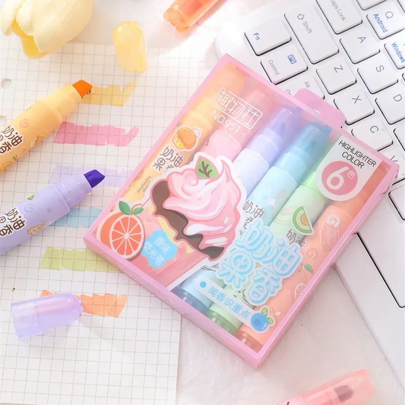 

Набор из 6 цветов, косые маркеры Kawaii с кремовым фруктовым ароматом, флуоресцентные ручки большой емкости, маркеры толщиной 4 мм