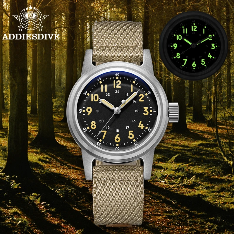 ADDIESDIVE Men Watch Brushed Case C3 Retro Luminous Nylon 200m Waterproof Bubble Mirror Glass Automatic Mechanical Vintage Watch