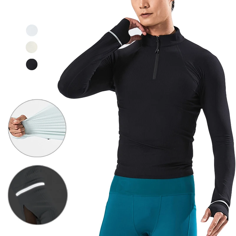

(S-3XL)Men Half Zip Athletic Running Shirt Base Layer Reflective Windproof Long Sleeve Slim-Fit Gym&Night Running Sweatshirt