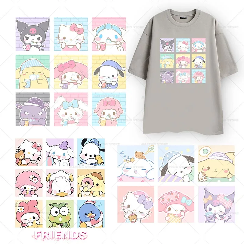 Sanrio Family Printed Stickers for Clothes Iron on Heat Transfers Cartoon Cinnamoroll Thermal on Girls T-shirt Appliques DIY