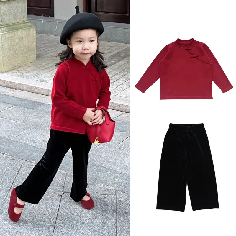 

Jenny&Dave Chinese Vintage New Year Red Knitting Suit Girl's National Wind Button Knitting Shirt Baby Versatile Top Girl