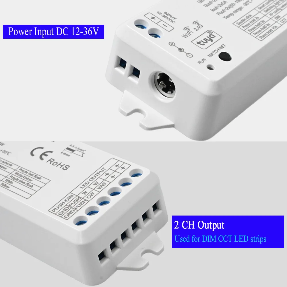 TUYA WiFi RF 2CH LED Controller DC 12V 24V Smart Dimmer With Push Dimming 4 Zone 2.4G Remote Controller for WW CW CCT LED strip