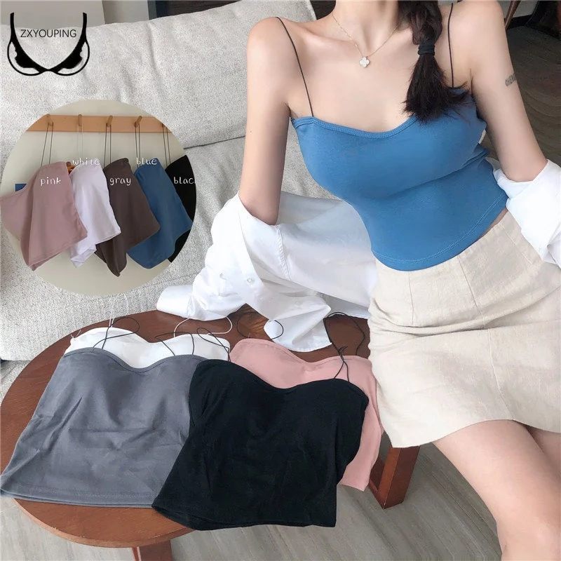 

ZXYOUPING Women's Sexy Back Camisole Top with Chest Pad Solid Color Soft Spaghetti Strap Tank Top