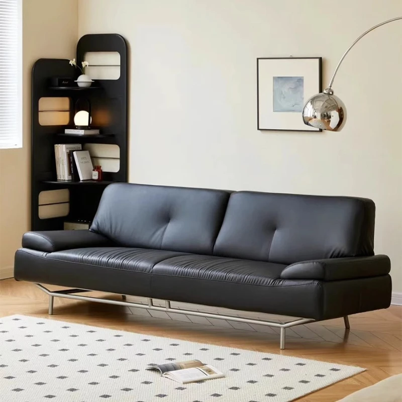 

French medieval cat scratching leather stainless steel sofa black three-person sofa