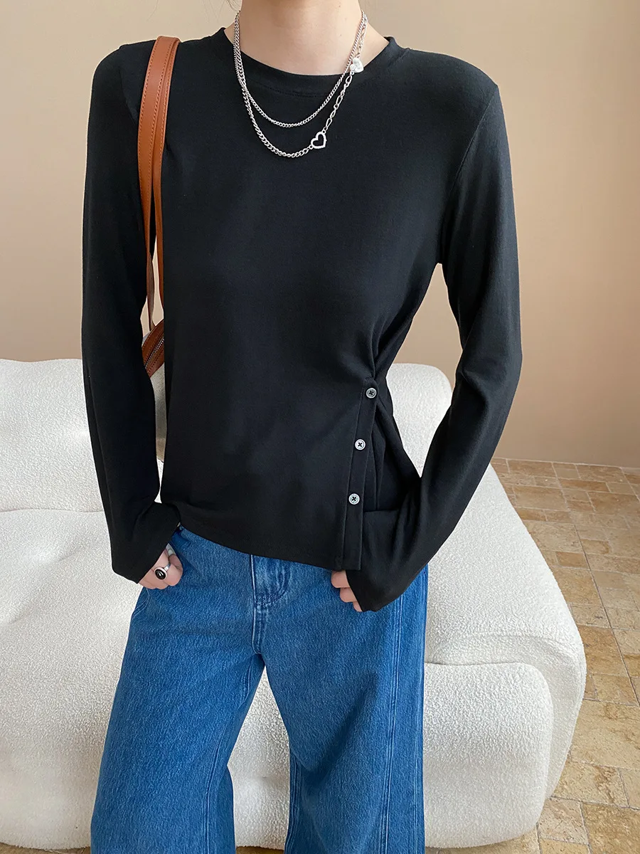 

Женская повседневная однотонная футболка с боковой пряжкой для похудения талии, футболка с круглым вырезом спереди и плечами