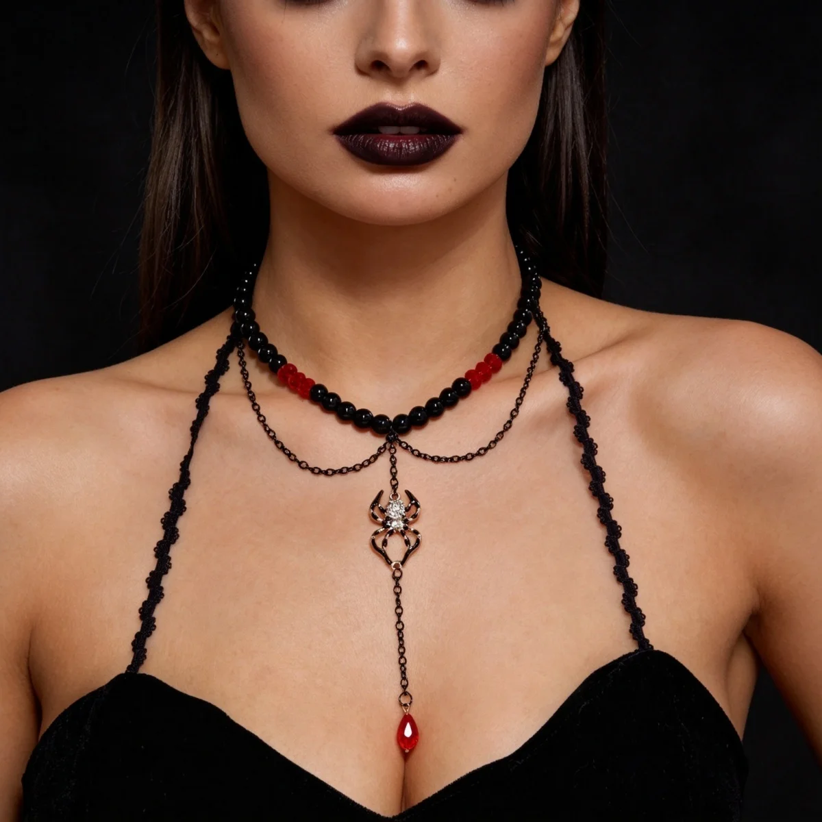 Gotische Cosplay-Halskette mit einzigartigen roten Kristallperlen und Quasten für Damen, Halloween-Fledermaus-Totenkopf-Kürbis-Choker, Punk-Party-Schmuck – Detail 8