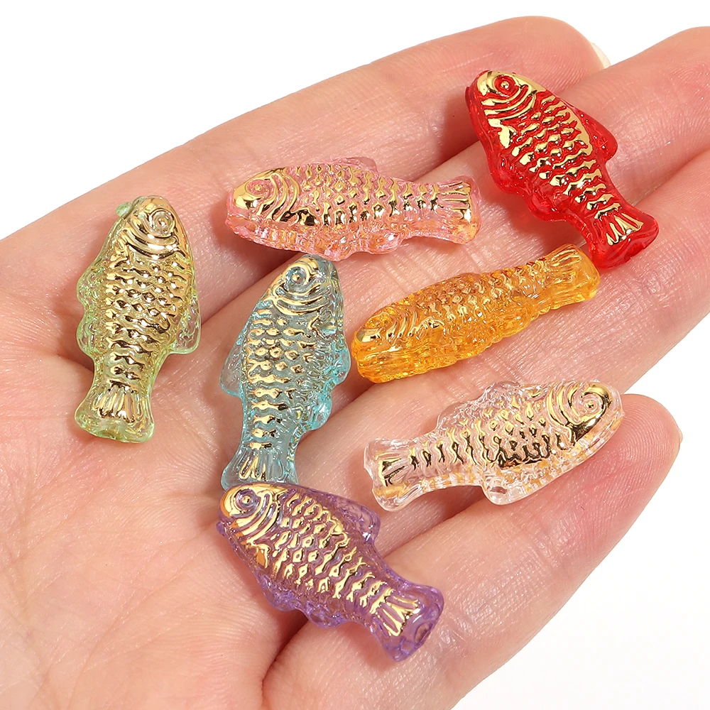10 Stück goldfarbene kleine Fisch-Acrylperlen, bunte lose Abstandsperlen für die Schmuckherstellung, DIY-Armband, Halskette, Zubehör – Detail 5