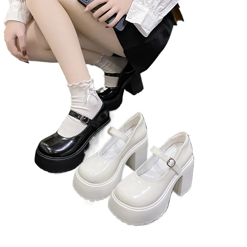 

2026 Autumn Pu Leather Ankle Buckle Mary Jane Shoes Woman Thick Heeled White Lolita Chunky Platform High Heels Pumps Women