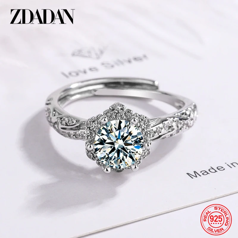ZDADAN 925 Sterling Silver Shiny Round Zircon Ring For Women Fashion Jewelry