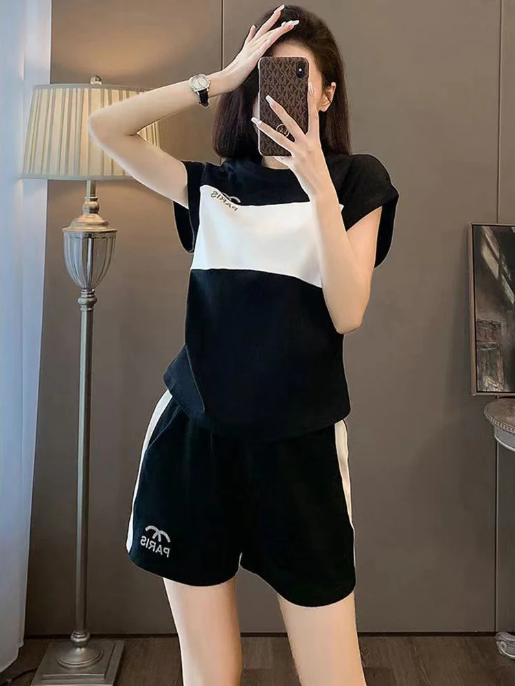 Summer Casual Sportswear Set Women's Color Block Fashionable Short Sleeve Shorts Two Piece Set Cotton round Neck Overhead