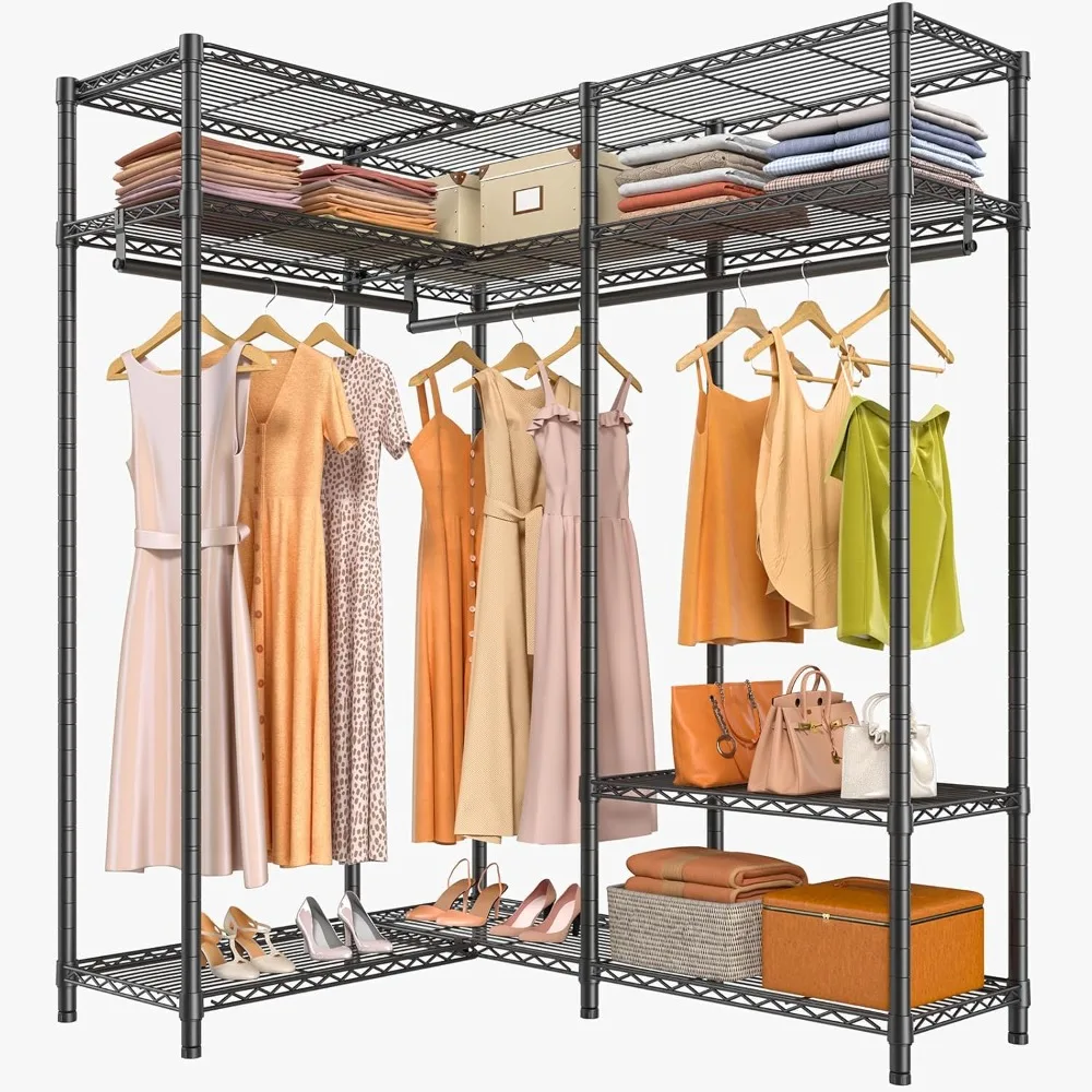 

L30 Corner Clothes Rack, Heavy Duty L-Shaped Freestanding Closet with Adjustable Shelves & Hanging Rods, Corner Wardrobe