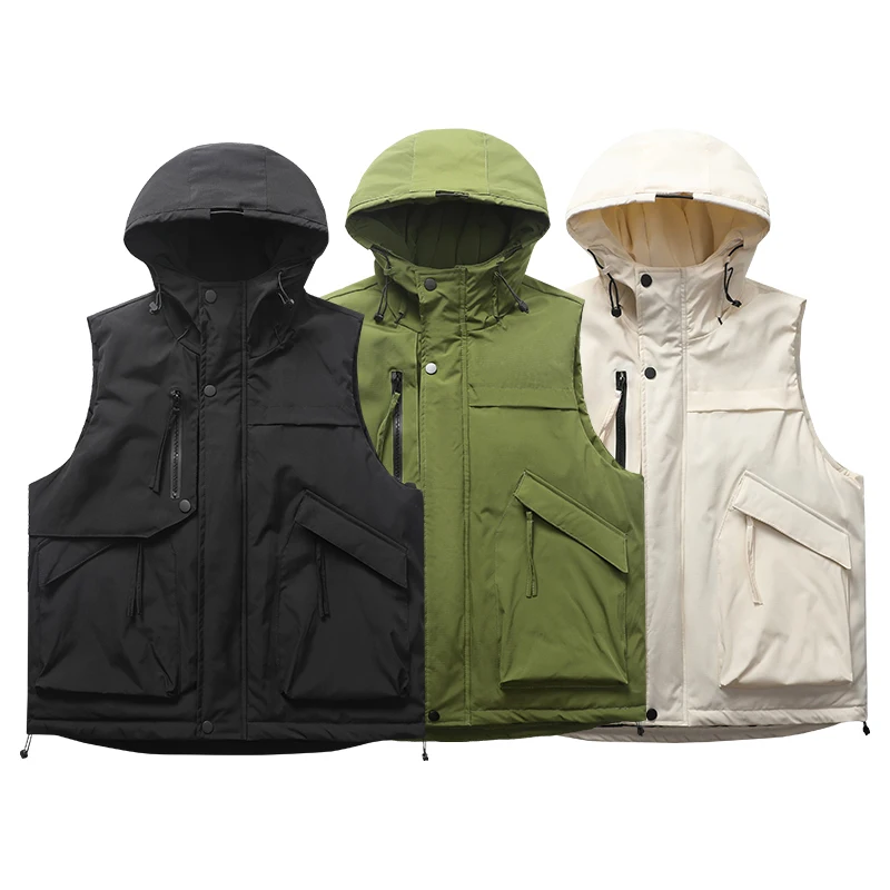 

Massgorule New Men's Autumn Winter Solid Vests Workwear Multi Pocket Waistcoats Loose Thick Cotton Padded Jacket Hooded Vest Men