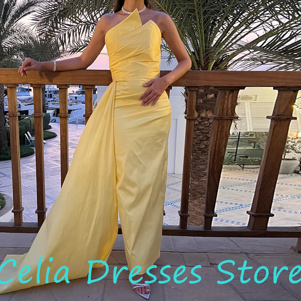 CustomizedFormal Panel Train Yellow Satin Strapless Evening Dress Straight Pleats Simple Ankle Length Sleeveless Robe de soirée 