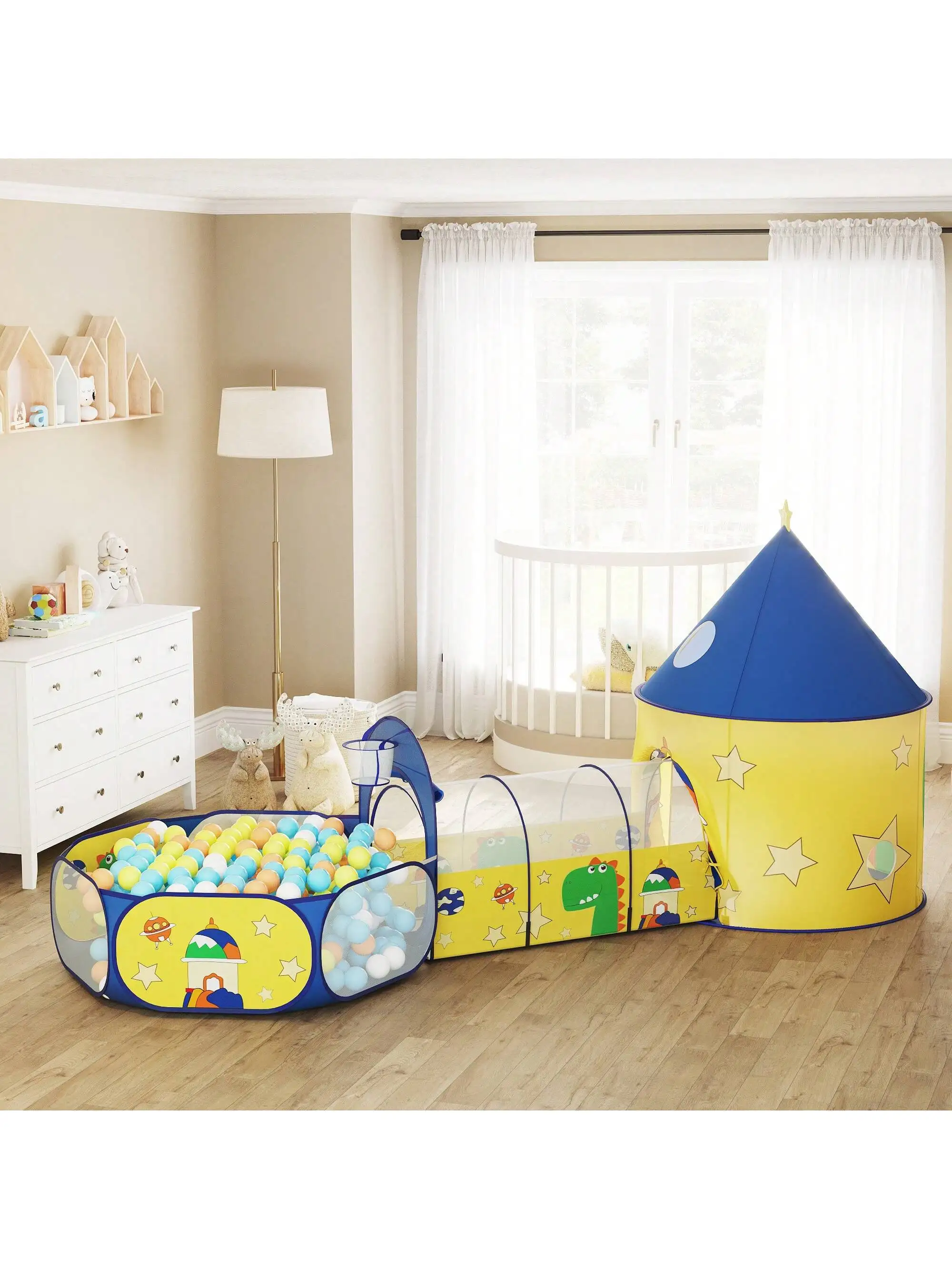 SONGMICS tenda da gioco per bambini 3 in 1. Include Tunnel, parco giochi con palline, tenda a razzo Pop-Up. Per ragazzi, ragazze, bambini piccoli.