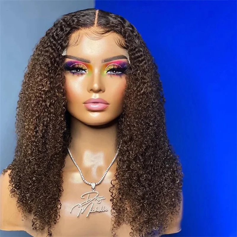 Perruque Lace Front Wig sans colle crépue bouclée pour femme, cheveux de bébé, brun ombré, douce, densité 180, 26 pouces, préplumée, degré de chaleur, 03/3