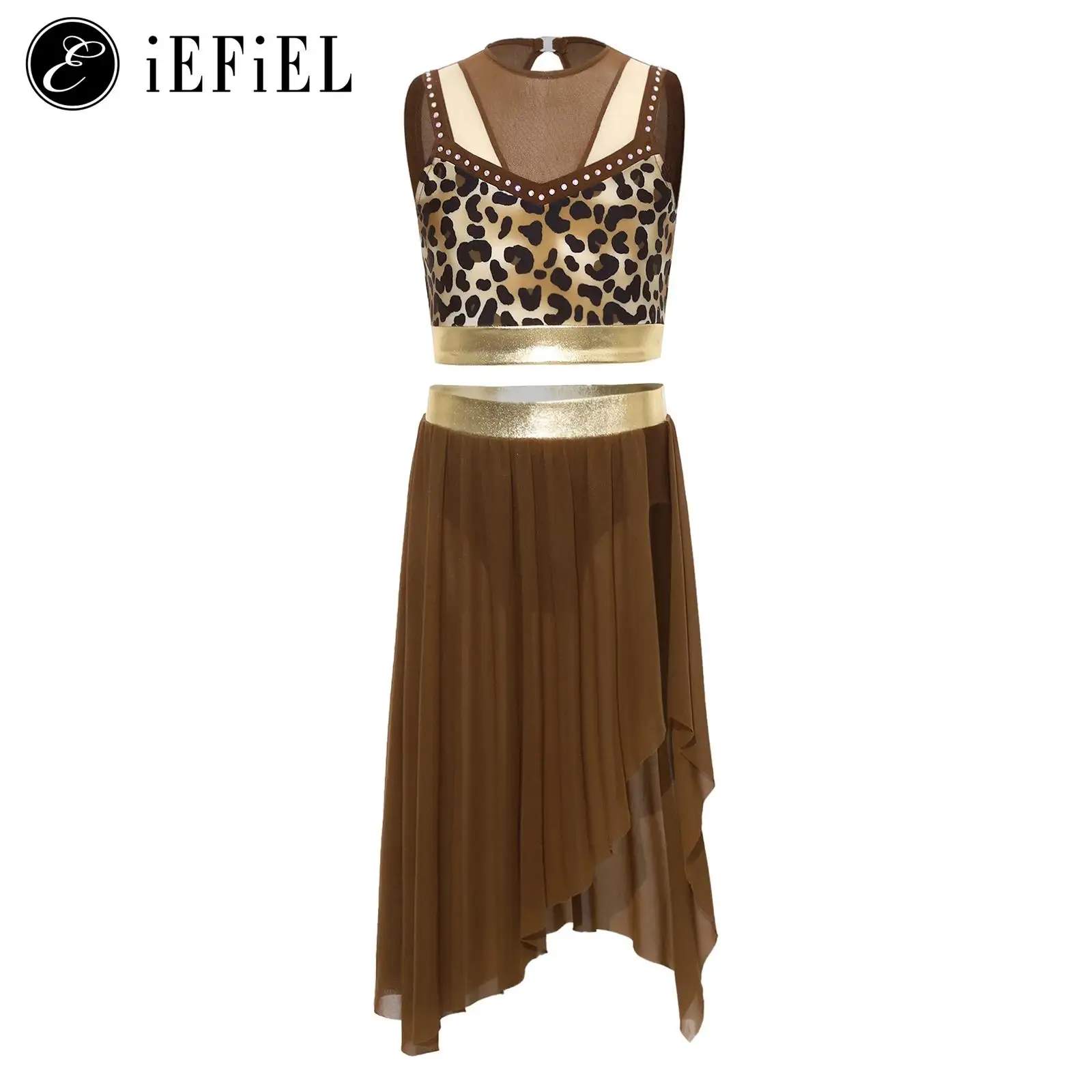 

Girls 2 Pieces Cavegirl Leopard Print Costume Rhinestone Crop Top And Side Split Asymmetric Ruffle Skirt with Build in Briefs