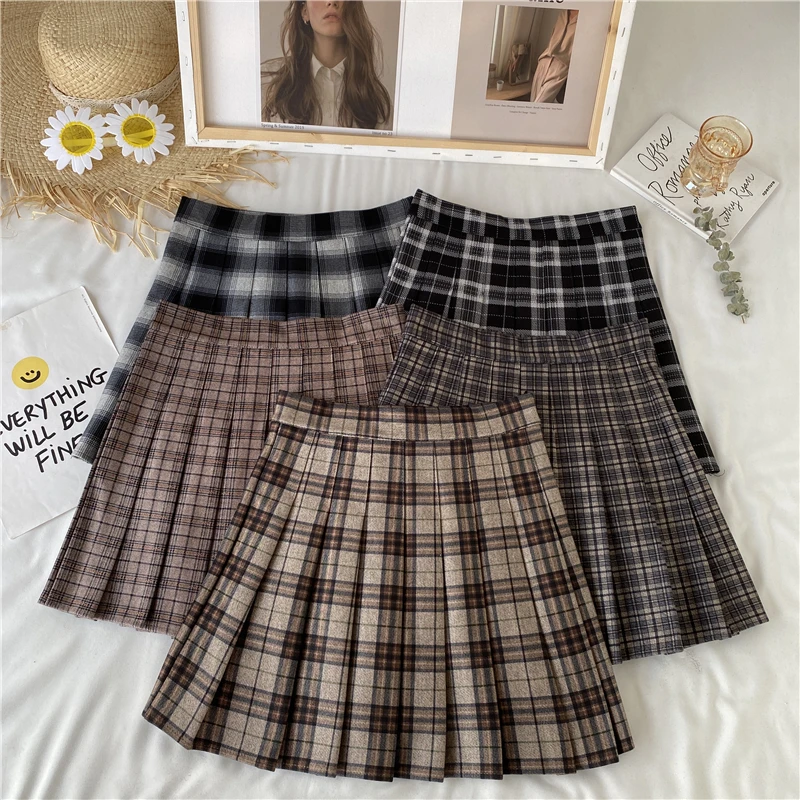 Pleated Short Skirt Women Retro Plaid Coffee Pleated High Waist Skirt Summer Dress Women 2023 New Fashion A-line Skirt