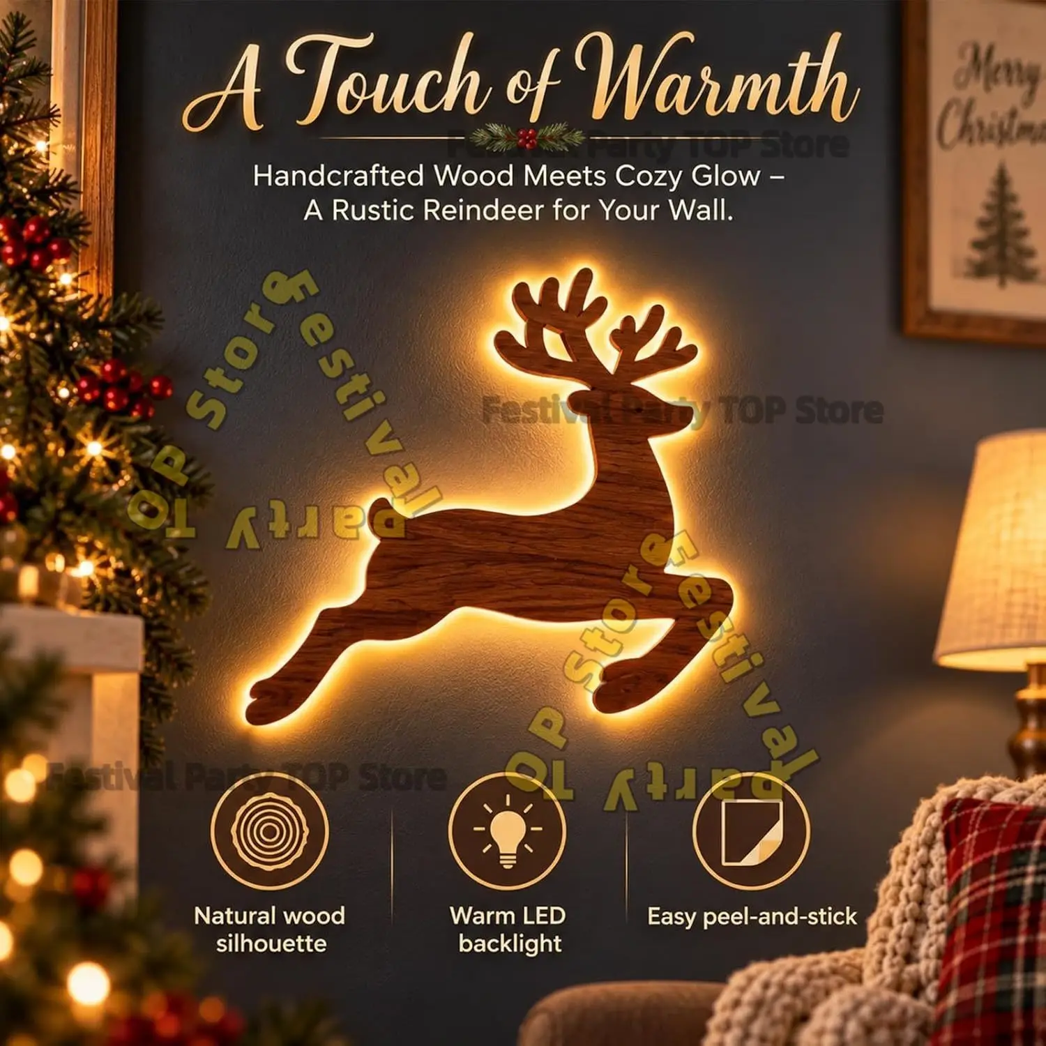 Reindeer Glow Christmas Decor LED Light up Glowing Reindeer Wall Stickers Outdoor Festive Lighting Holiday 3D Wood Decor Gift view 2