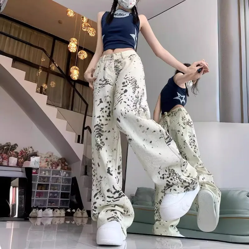 

y2k Women's American trendy vintage leopard print straight leg jeans high waist slim fit versatile fashion denim pants for women