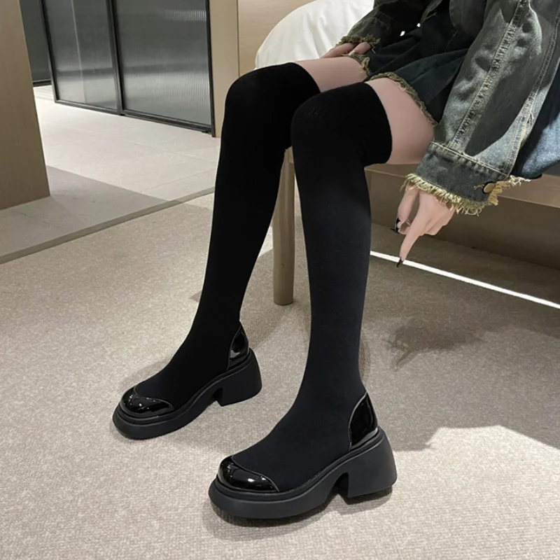 Stretch Fabric Over-The-Knee Boots Women 2024 New Slim Fit Thick Bottom Long Boots Woman Slip-On Knitting Platform Tight Boats