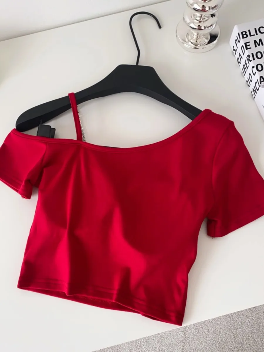 SsTss العصرية Ins خارج الكتف حزام تي شيرتات قصيرة الاكمام المرأة الصيف مبطن سليم Bodycon المحاصيل الأعلى شيك