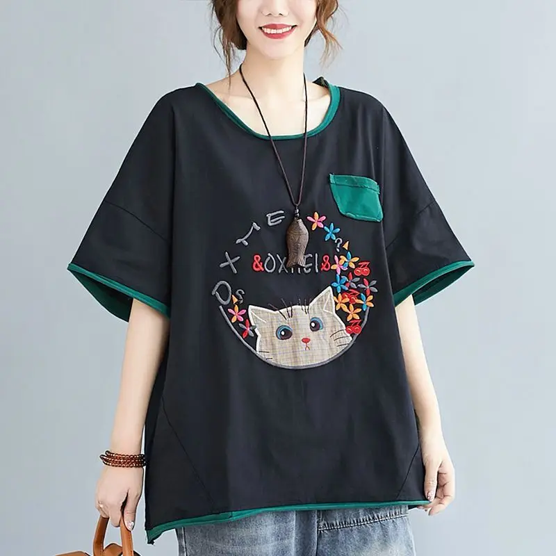 Women Summer Simplicity Loose Large Size Embroidered O-neck Short Sleeve T-Shirt Women Clothes Casual Vintage All-match Tops