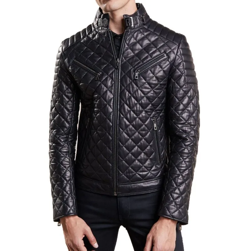 

Genuine Real Lambskin Padded Puffer Jacket Mens Black Quilted Biker Jacket