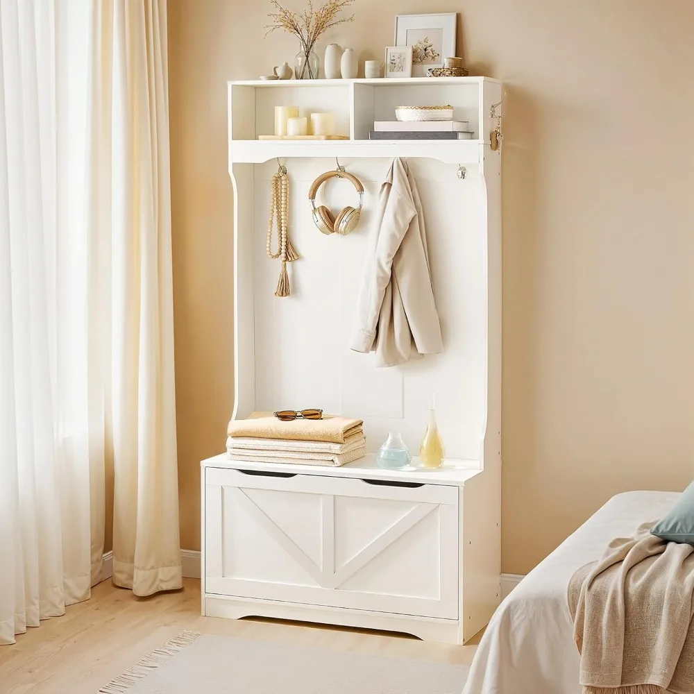 شجرة القاعة مع مقعد وتخزين الأحذية، مقعد المدخل مع رف المعطف وخزانة الأحذية، باب خزانة قابل للطي، رف المعاطف #5