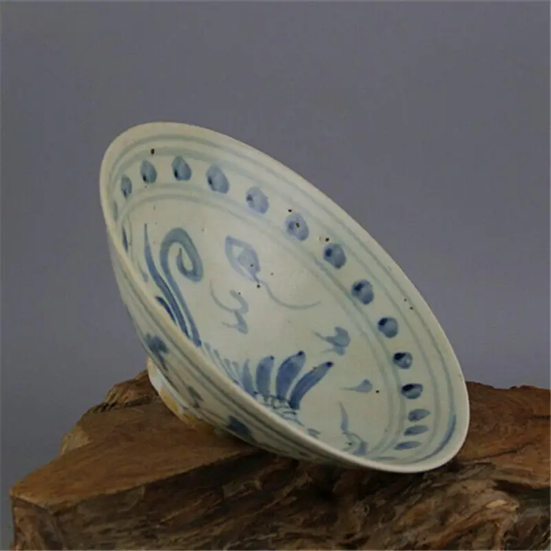 6.9Inch Chinese Antique Yuan Blue and White Porcelain Phoenix Flower Design Bowl
