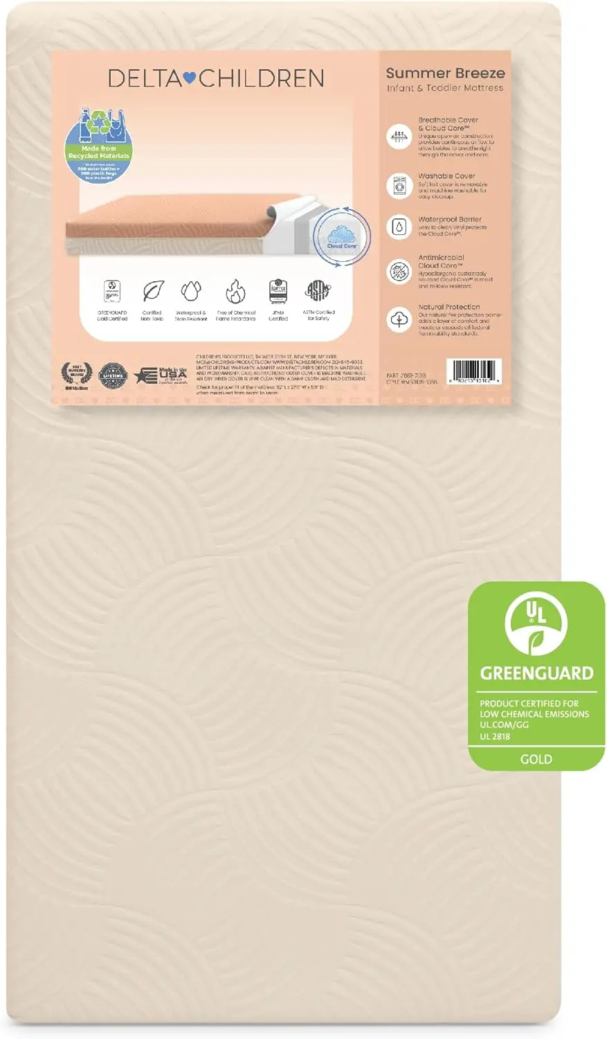 Summer Breeze Mattress - Breathable Baby Crib & Toddler Mattress with Cloud Core - Machine Washable Cover - GREENGUARD Gold – Wa