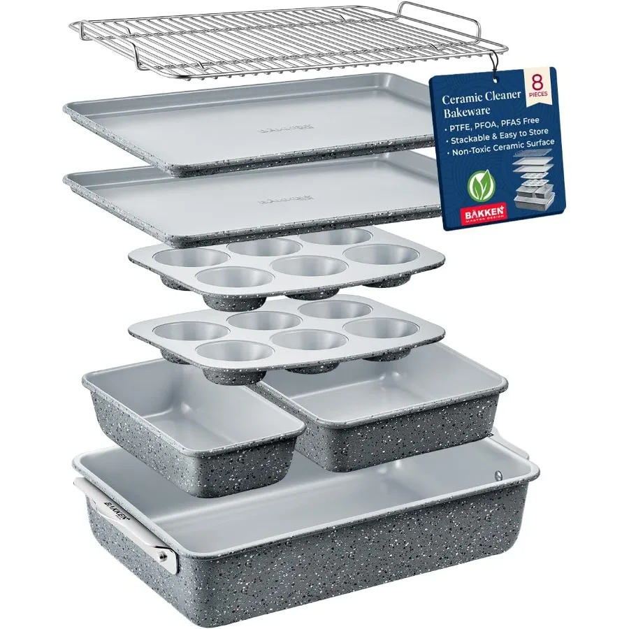 

8Piece Stackable Bakeware Set Ceramic NonStick Coating Baking Sheets Assorted Baking Pans PTFE PFOA and PFOS Free Healthy Bakin