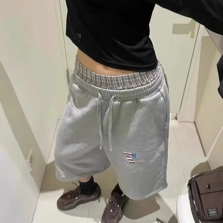 

Korean Designer Vintage Plaid False Two-piece Casual Sports Sweatpants Autumn Casual All Match Capri Pants Biker Shorts Women