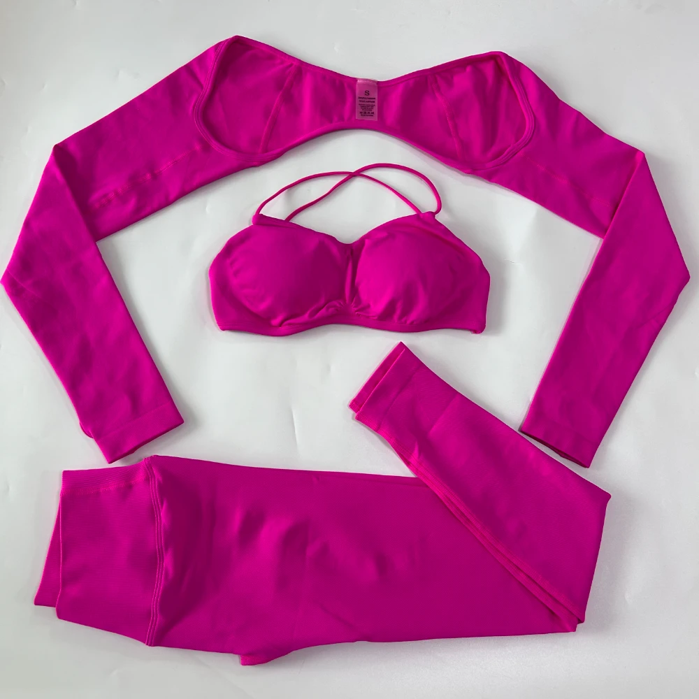 3-teiliges Leggings-Set, nahtloses Yoga-Set für Damen, Langarm-Shrug, Gym-Top, Leggings mit überkreuztem Bund, Fitness-BH, Workout-Kleidung, Sportanzug – Detail 11