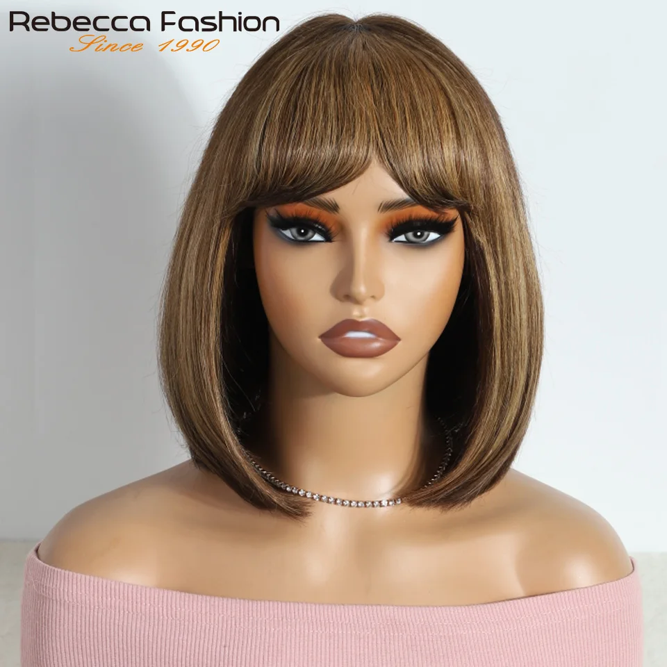 100% Human Hair Wigs Straight Hair Short Bob Lace Wig With Bangs #4/27 Brown Fringe Middle Part Bob Lace Wigs Realistic Scalp