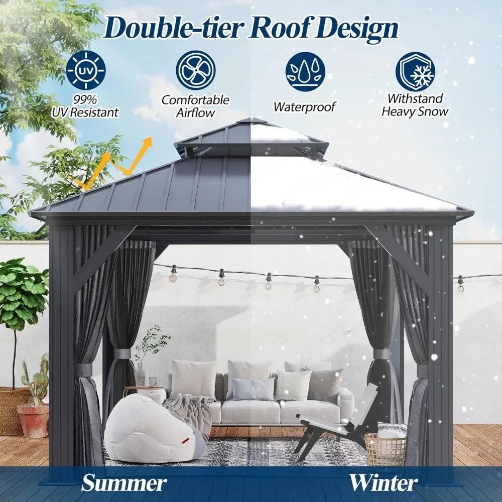 10' X 10' Galvanized Hardtop Gazebo - Aluminum Heavy-Duty Double Roof Vented Gazebo with Breathable Netting & Privacy Curtains