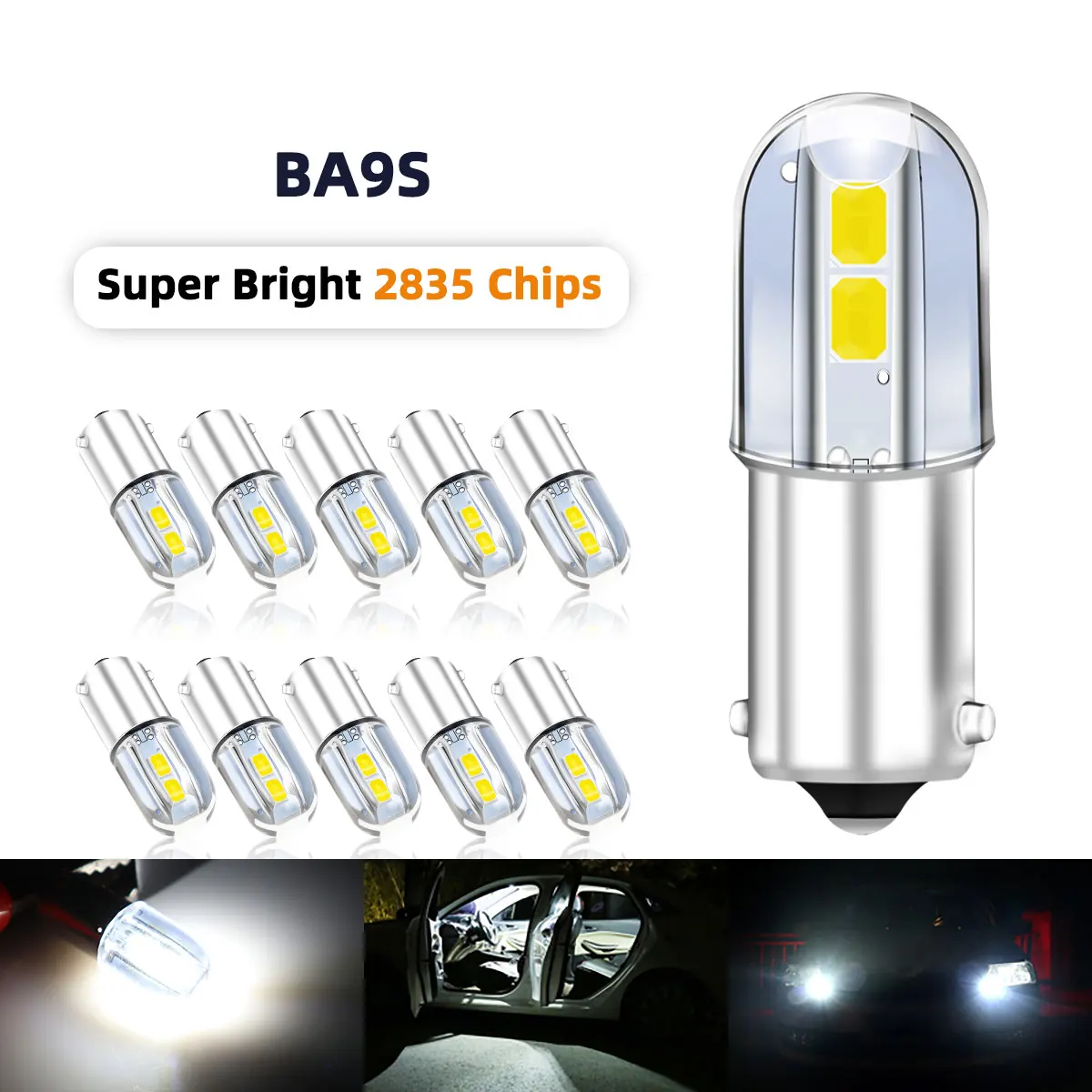 10PCS BA9S T4W Led Bulbs 2835 Chip 4SMD Car Interior Reading Dome Lamps License Plate Light Side Wedge Parker Bulbs 6000K White