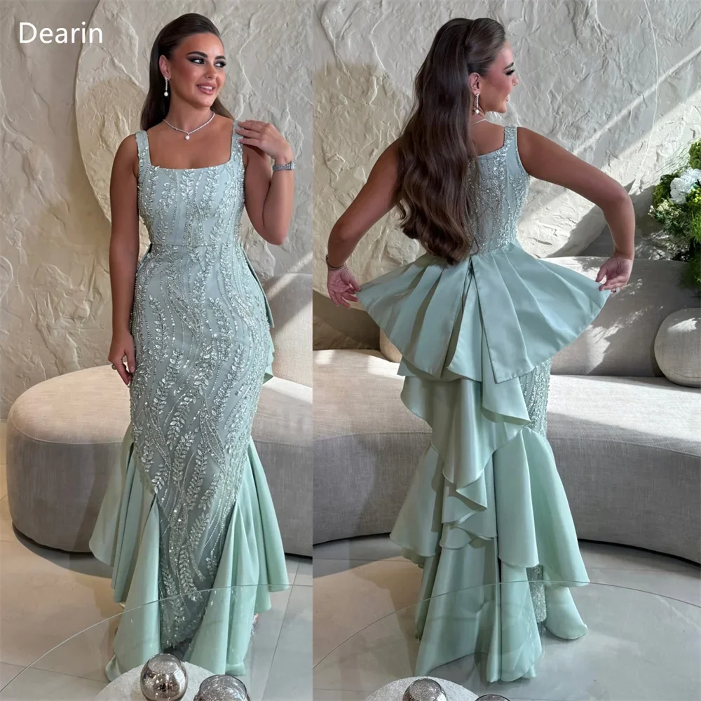 

Customized Prom Gown Formal Women Dearin Square Collar Sheath Floor Length Skirts Draped Sequin Sleeveless Bespoke Occasion Dres