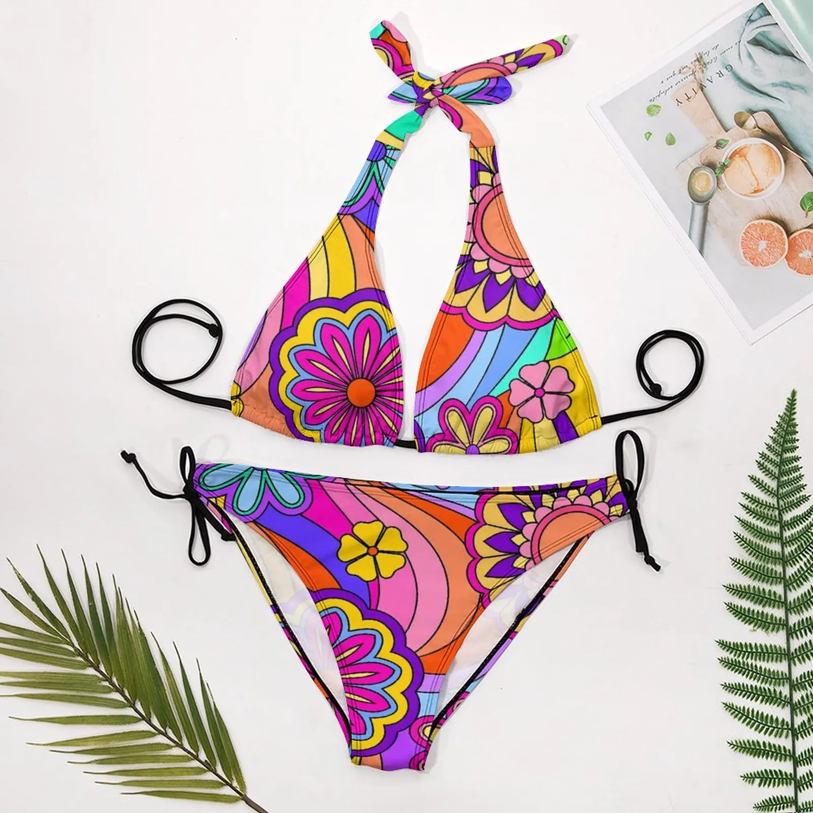 Retro Flower Power strój kąpielowy bikini psychodeliczny nadruk stroje kąpielowe seksowny Push Up śliczne bikini zestaw Surf String niestandardowe